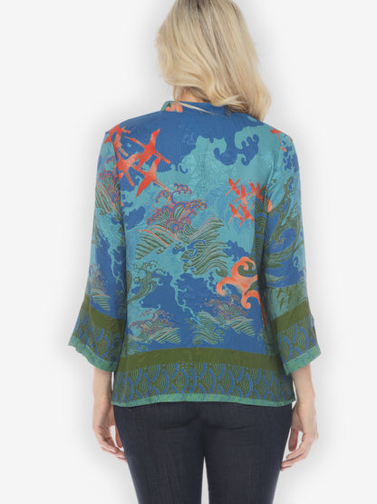 Jackets Waves and Cranes in Blue Silk Blend Blouse
