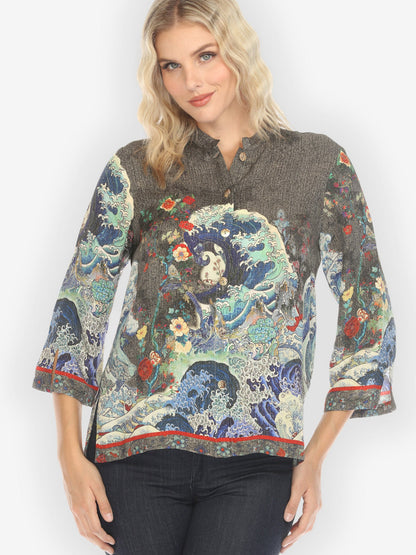 Citron Style Blouse Waves Art in Dark Gray Silk Blouse
