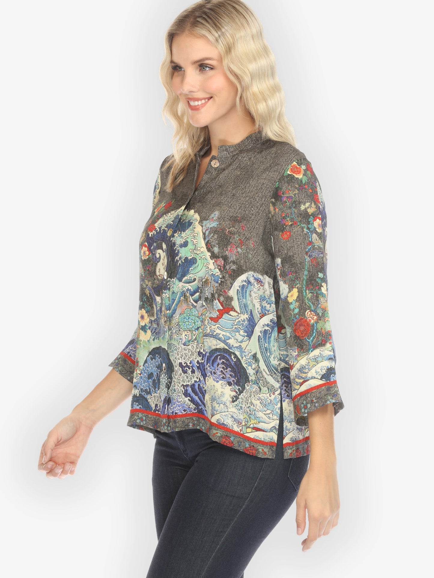 Citron Style Blouse Waves Art in Dark Gray Silk Blouse