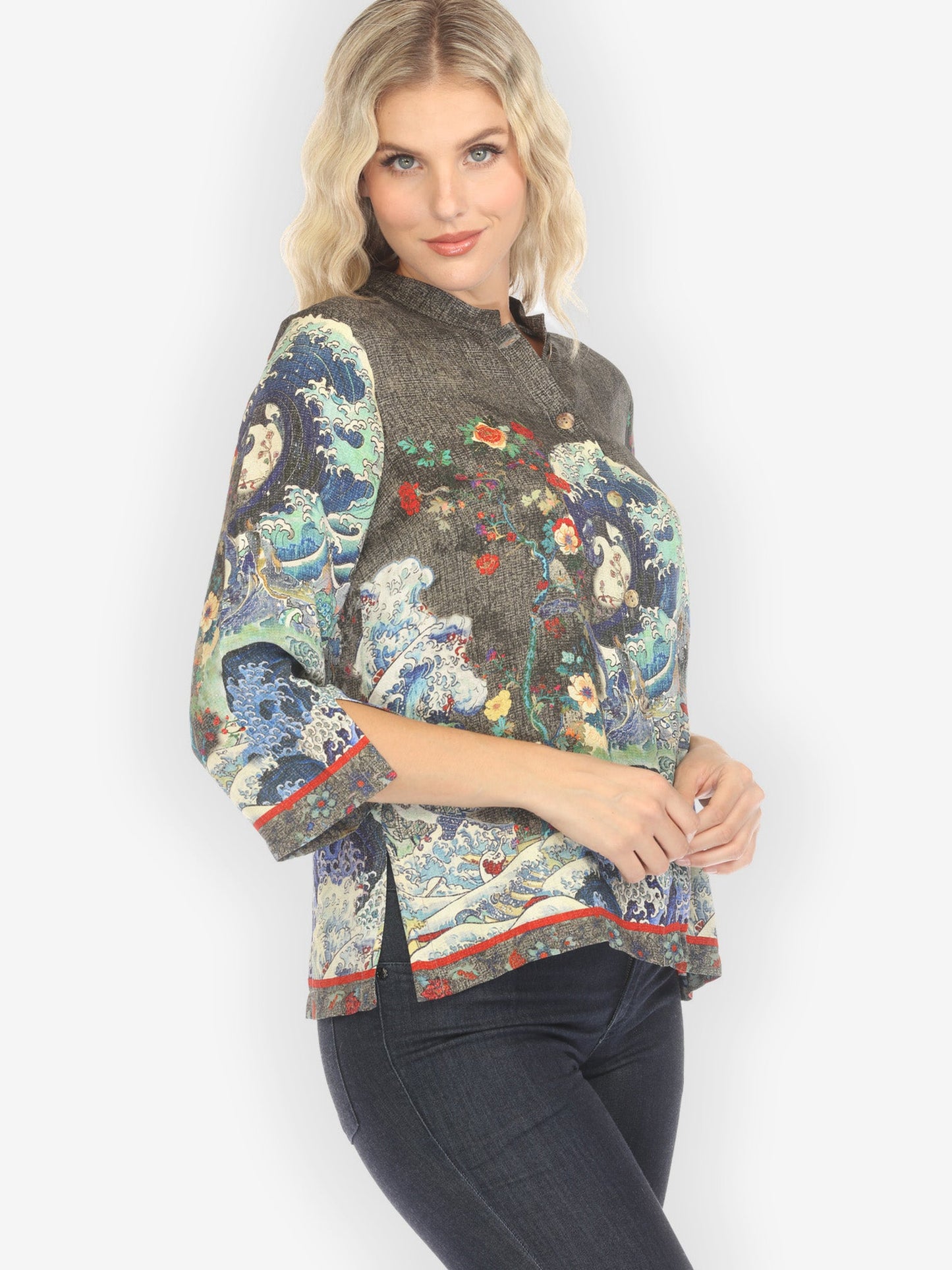 Citron Style Blouse Waves Art in Dark Gray Silk Blouse