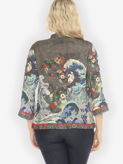 Citron Style Blouse Waves Art in Dark Gray Silk Blouse