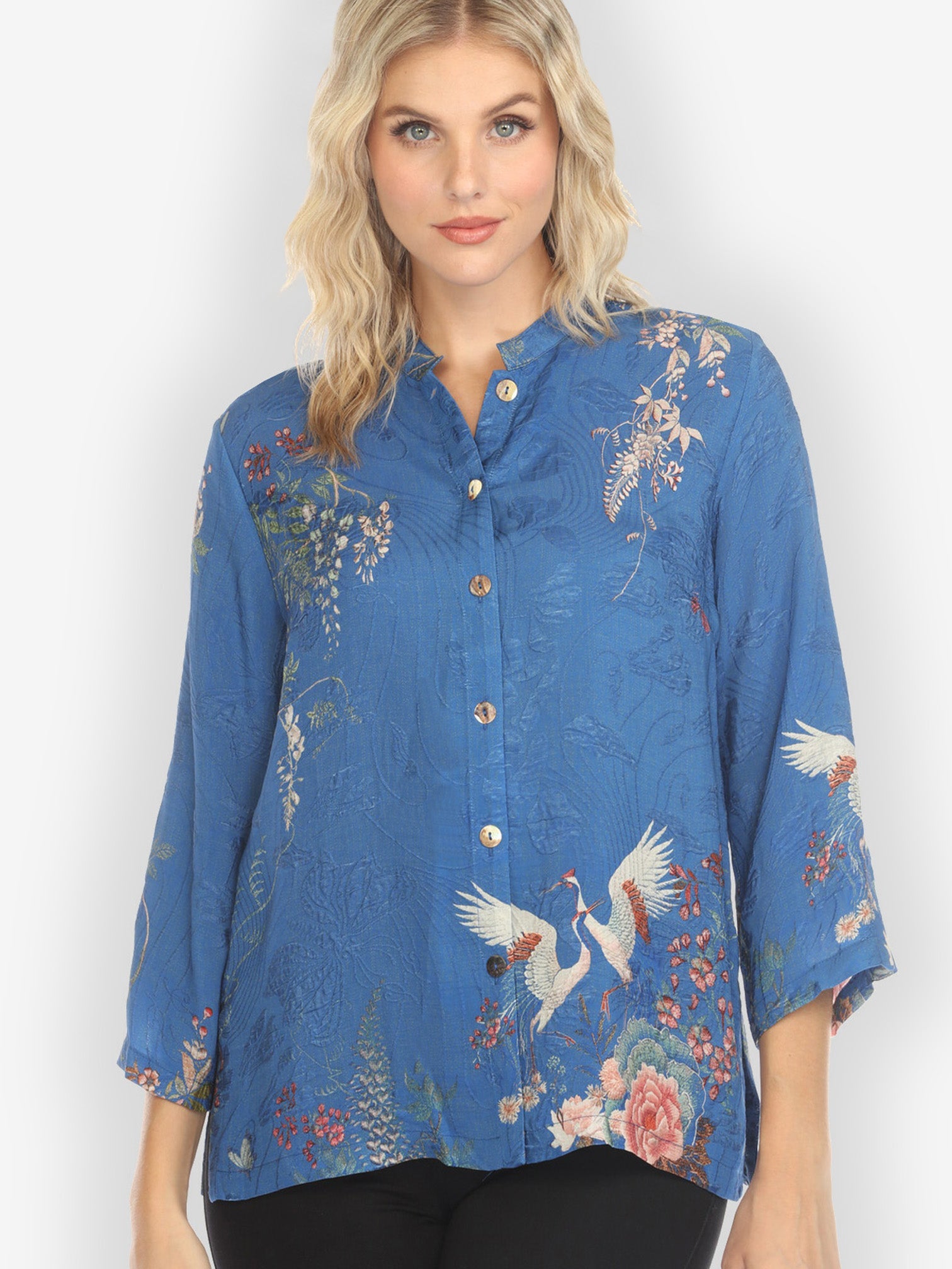 Citron Style Blouse Wisteria Butterflies Crane in Blue Silk Blend Blouse