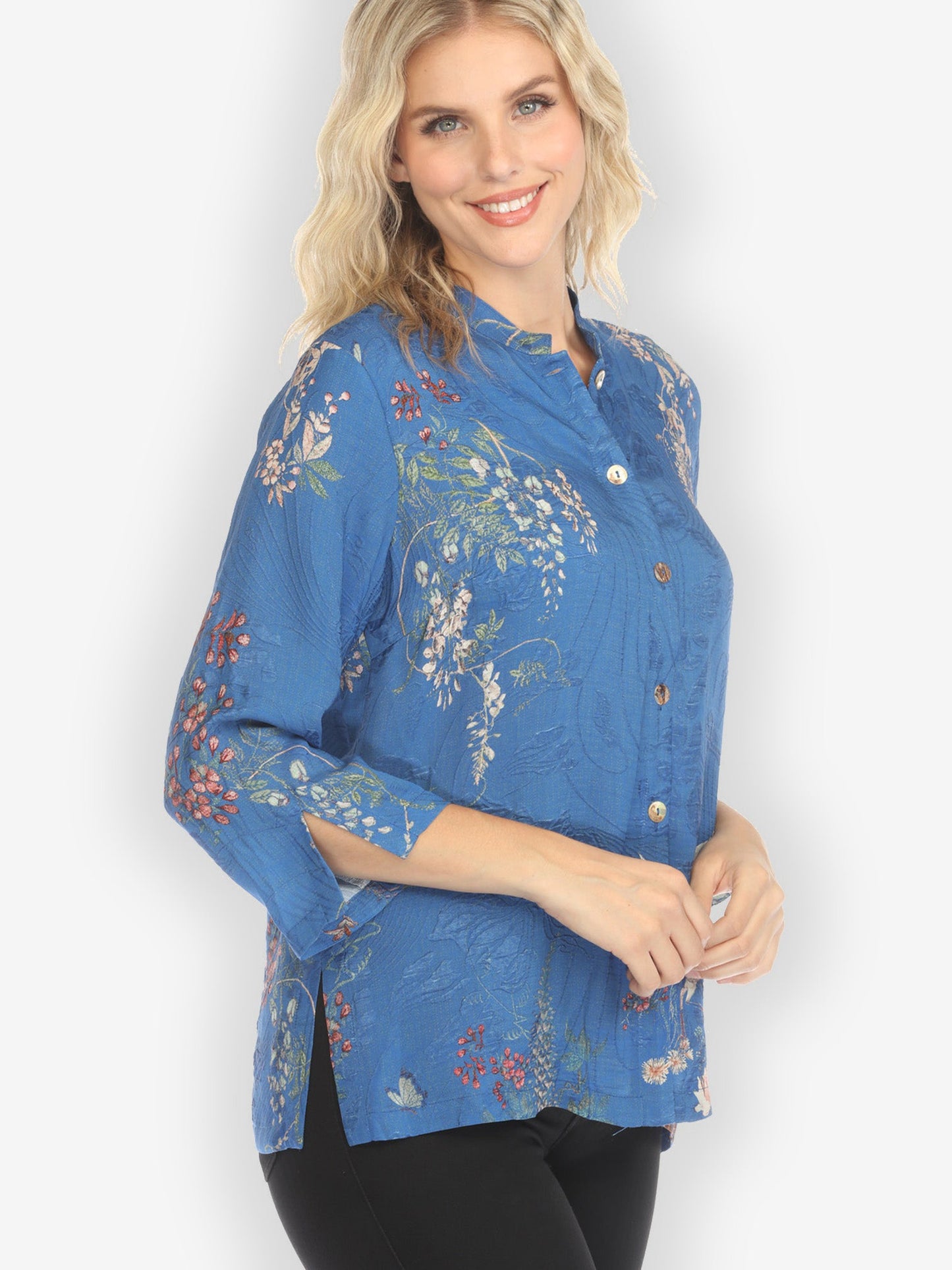 Citron Style Blouse Wisteria Butterflies Crane in Blue Silk Blend Blouse