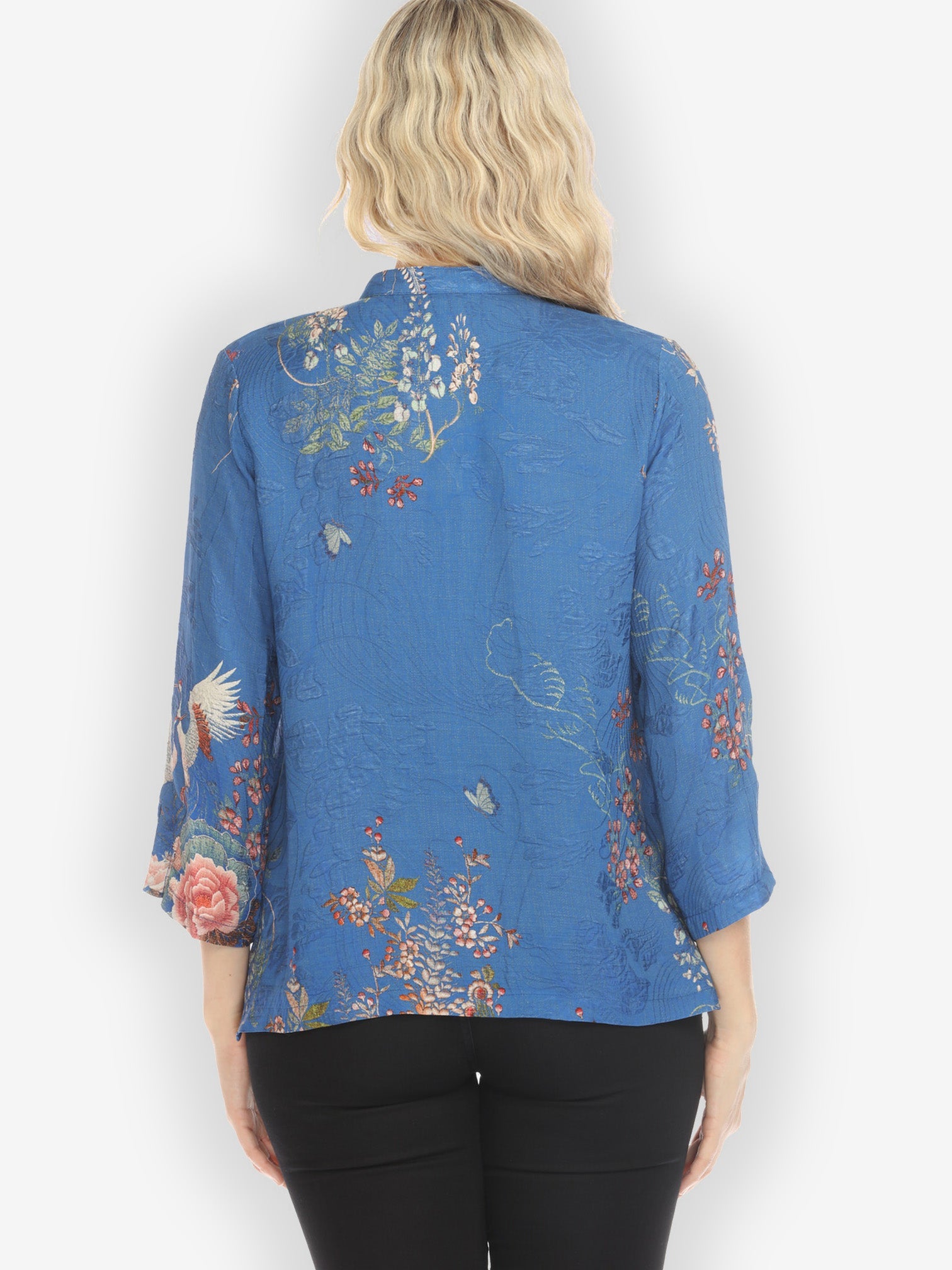 Citron Style Blouse Wisteria Butterflies Crane in Blue Silk Blend Blouse