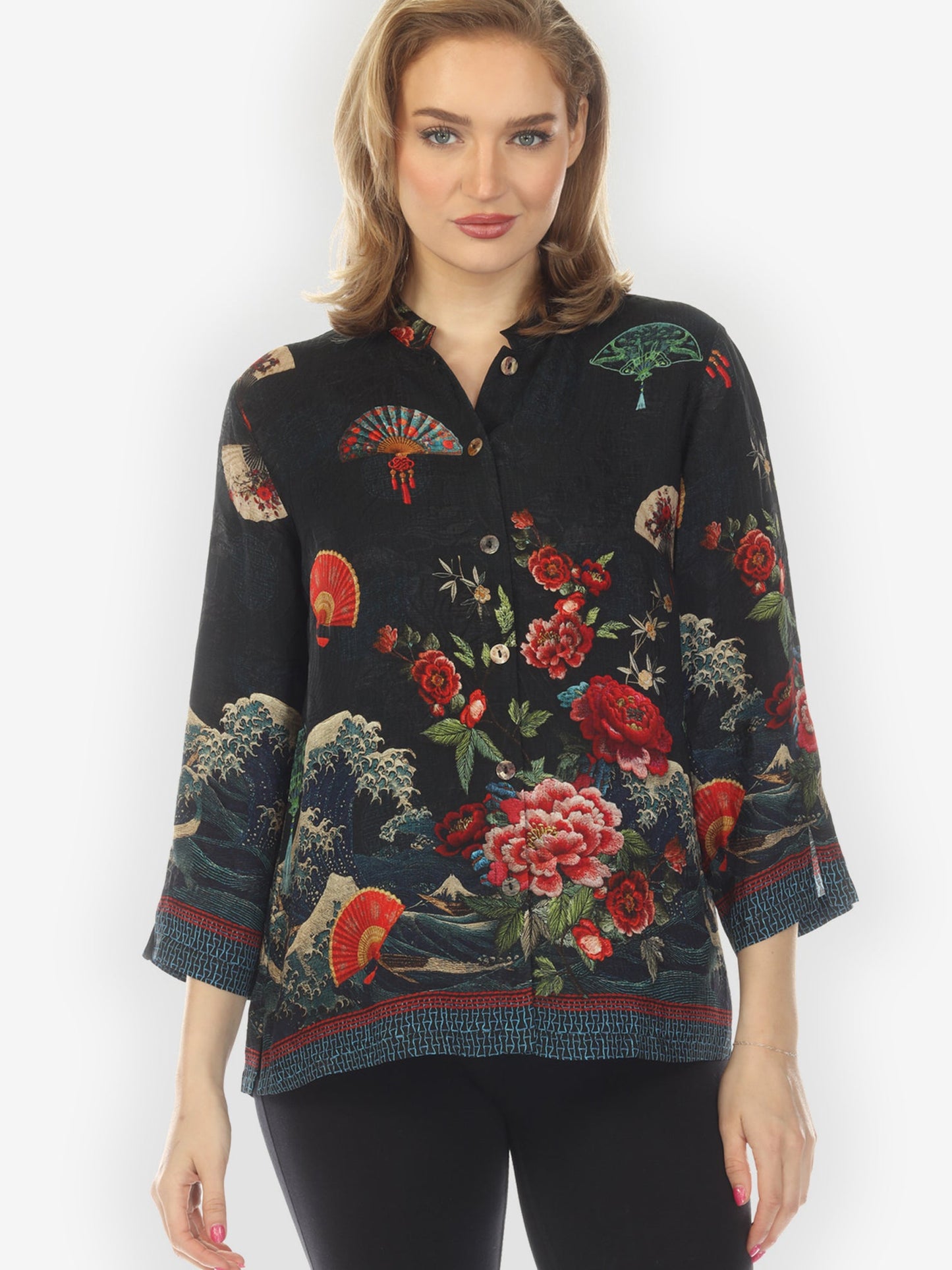 Citron Style Blouse Waves Fans Flowers Black Silk Blouse