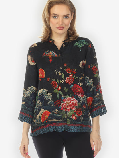 Citron Style Blouse Waves Fans Flowers Black Silk Blouse
