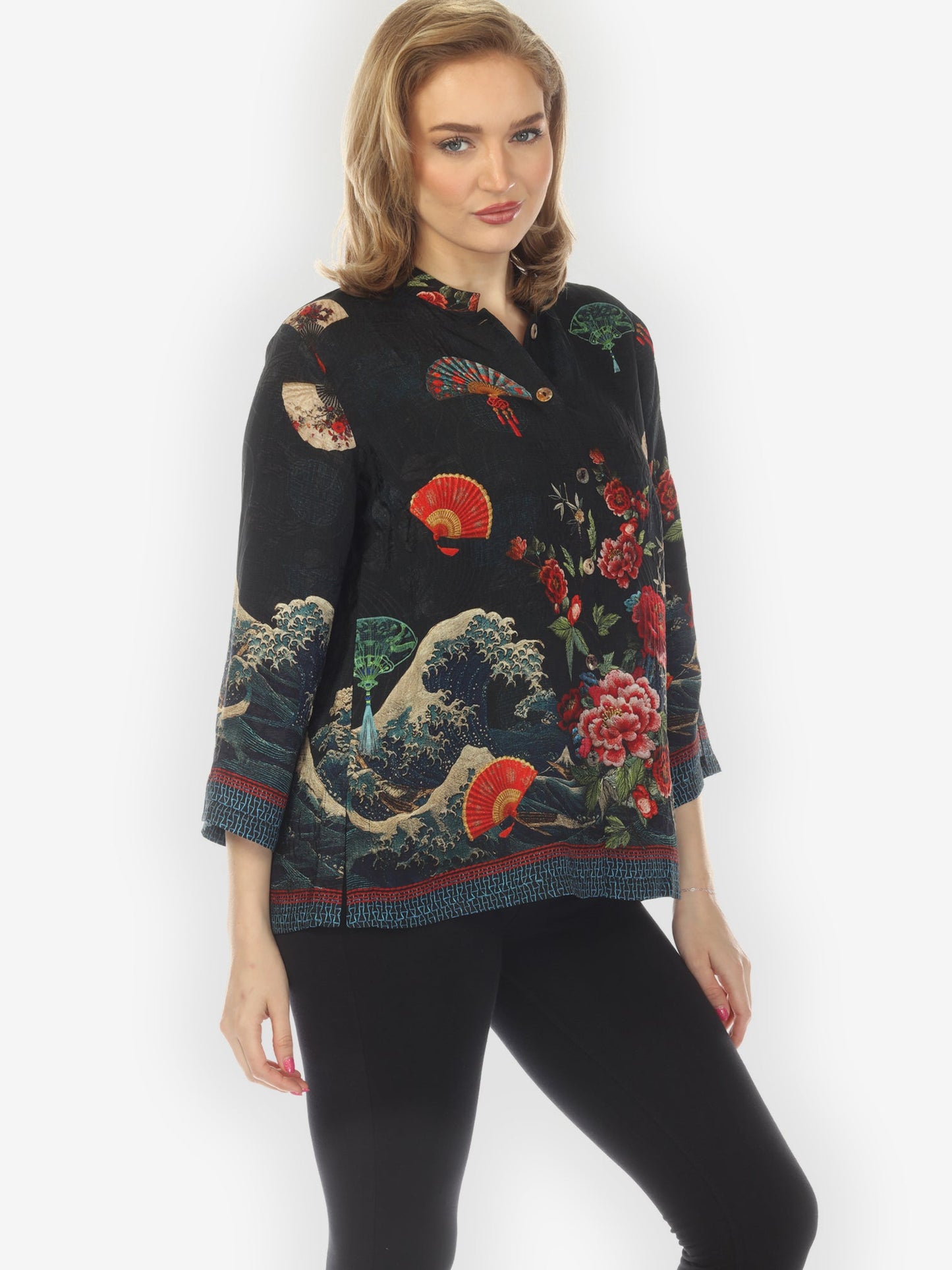 Citron Style Blouse Waves Fans Flowers Black Silk Blouse