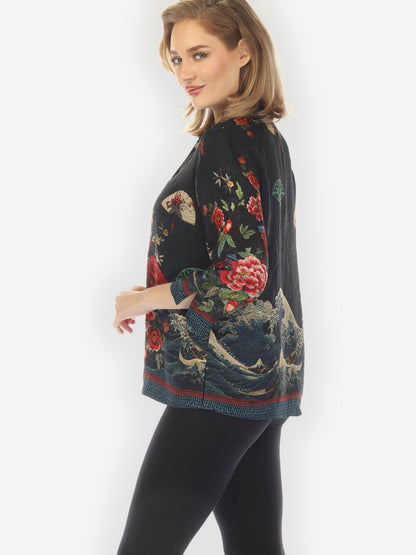 Citron Style Blouse Waves Fans Flowers Black Silk Blouse