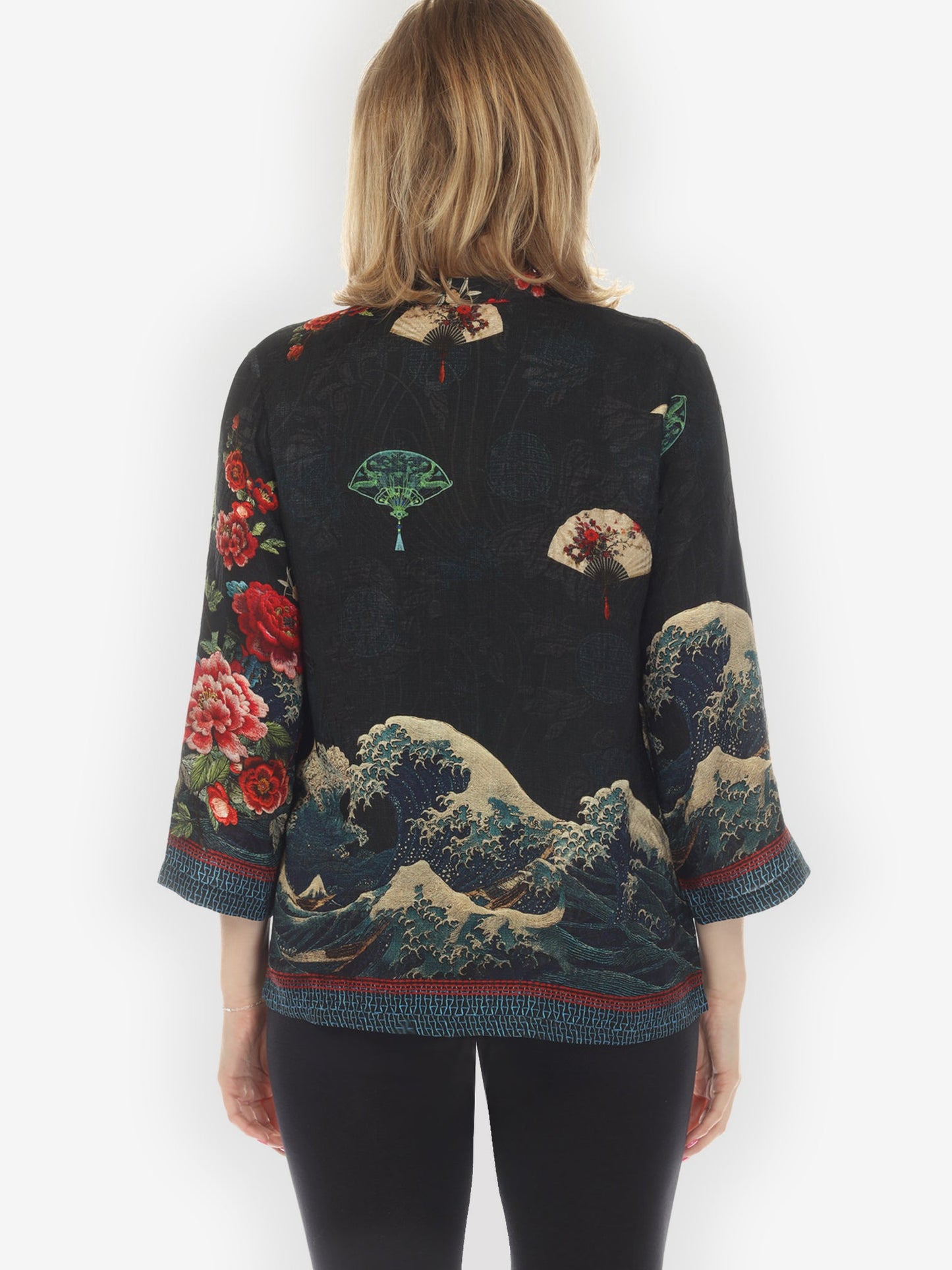 Citron Style Blouse Waves Fans Flowers Black Silk Blouse