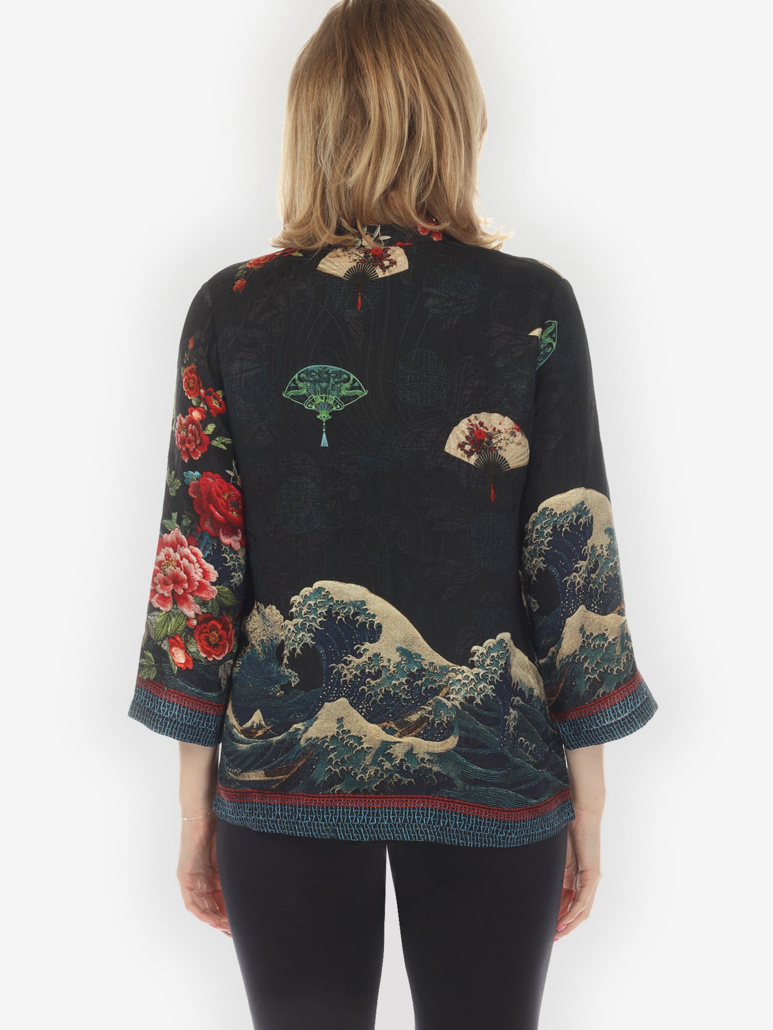 Citron Style Blouse Waves Fans Flowers Black Silk Blouse