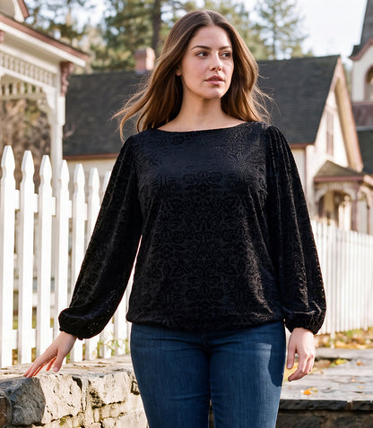 top Blouson Sleeve Velvet Burnout Boatneck Top