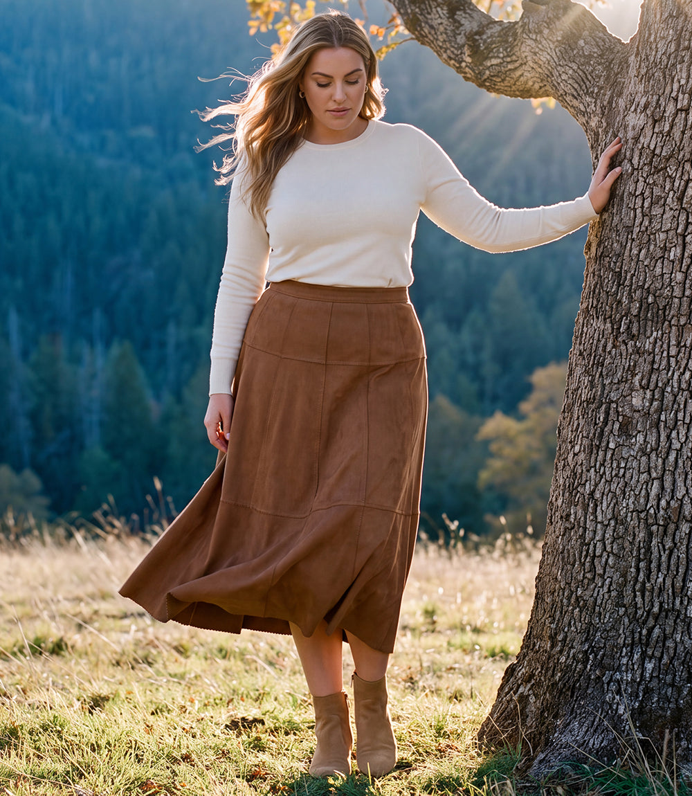 bottom Tiered Faux Suede Midi Skirt