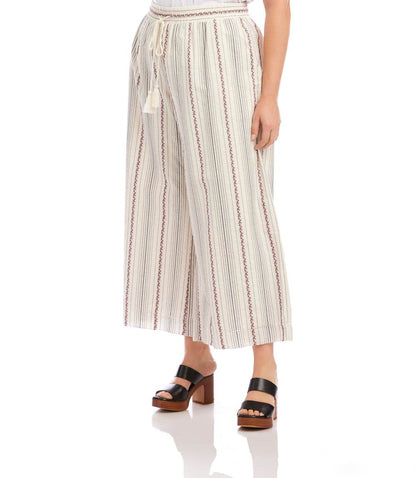 bottom Plus Size Stripe Embroidered Cropped Drawstring Pants