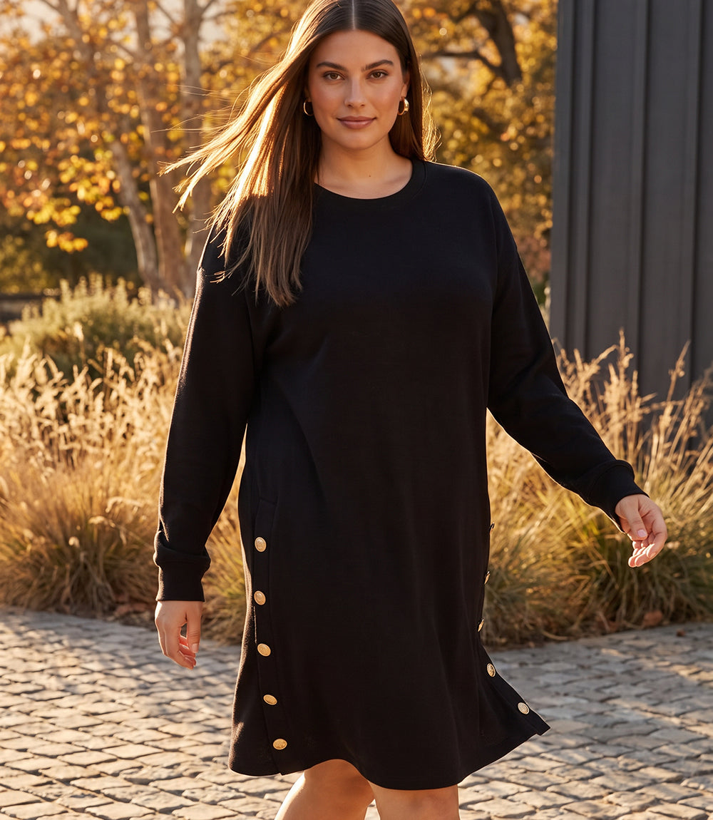 dress Plus Size Long Sleeve Crewneck Button Detail Dress