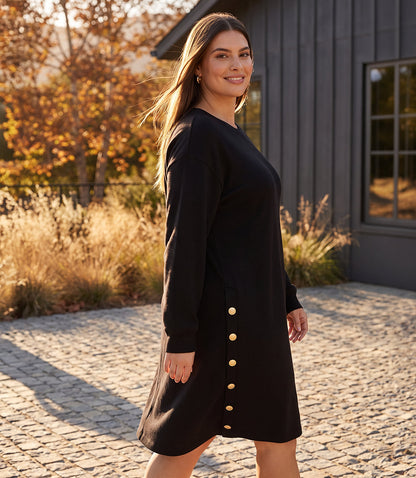 dress Plus Size Long Sleeve Crewneck Button Detail Dress