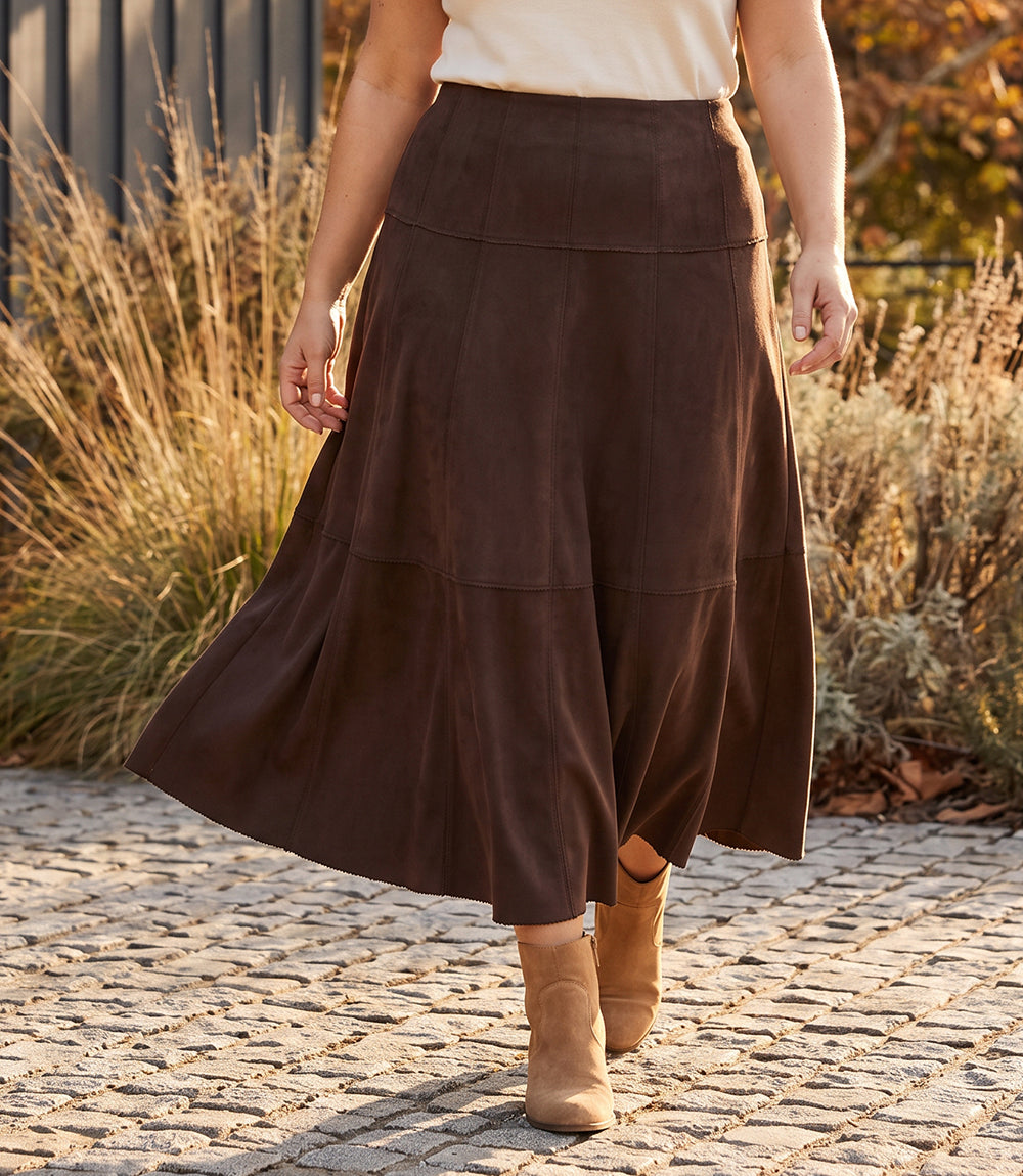 bottom Tiered Faux Suede Midi Skirt