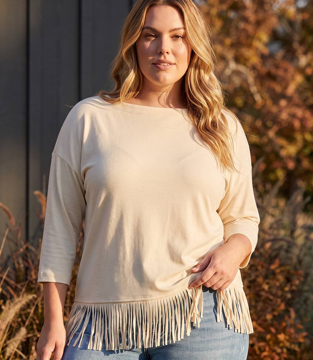top Plus Size 3/4 Sleeve Fringe Boatneck Top