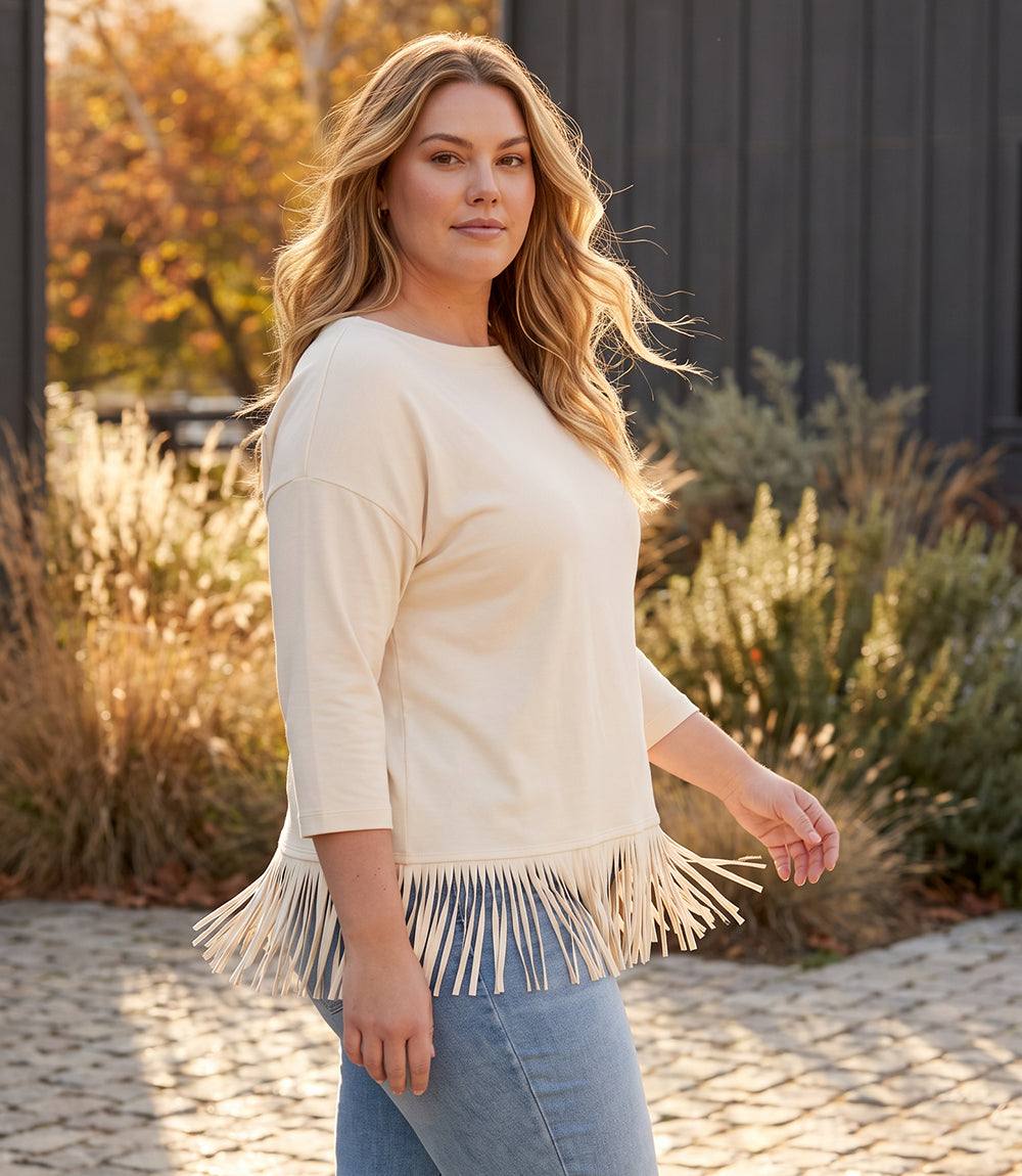 top Plus Size 3/4 Sleeve Fringe Boatneck Top