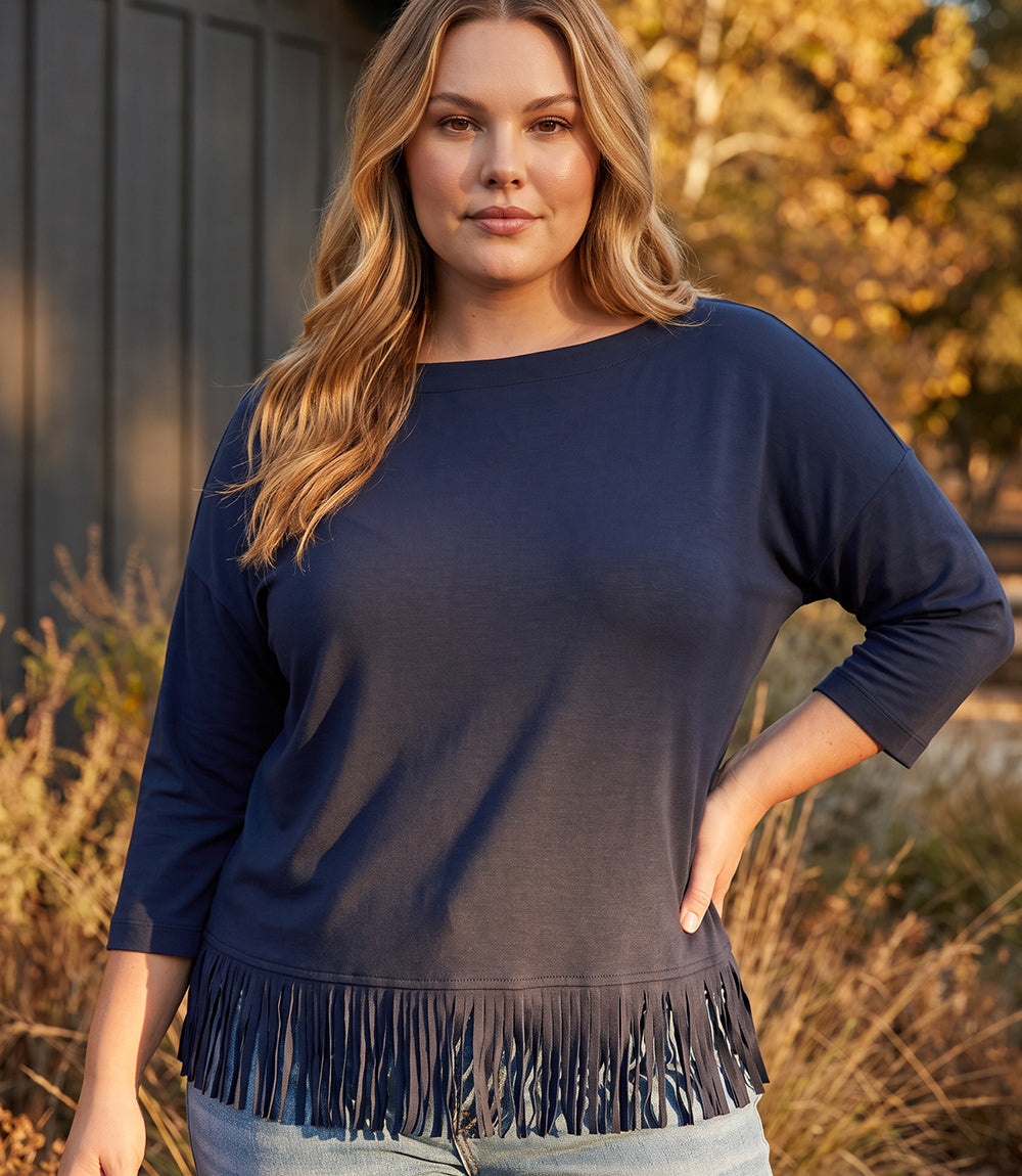 top Plus Size 3/4 Sleeve Fringe Boatneck Top