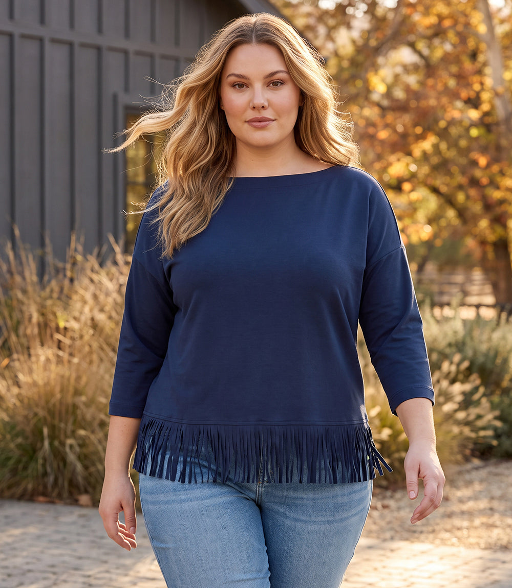 top Plus Size 3/4 Sleeve Fringe Boatneck Top