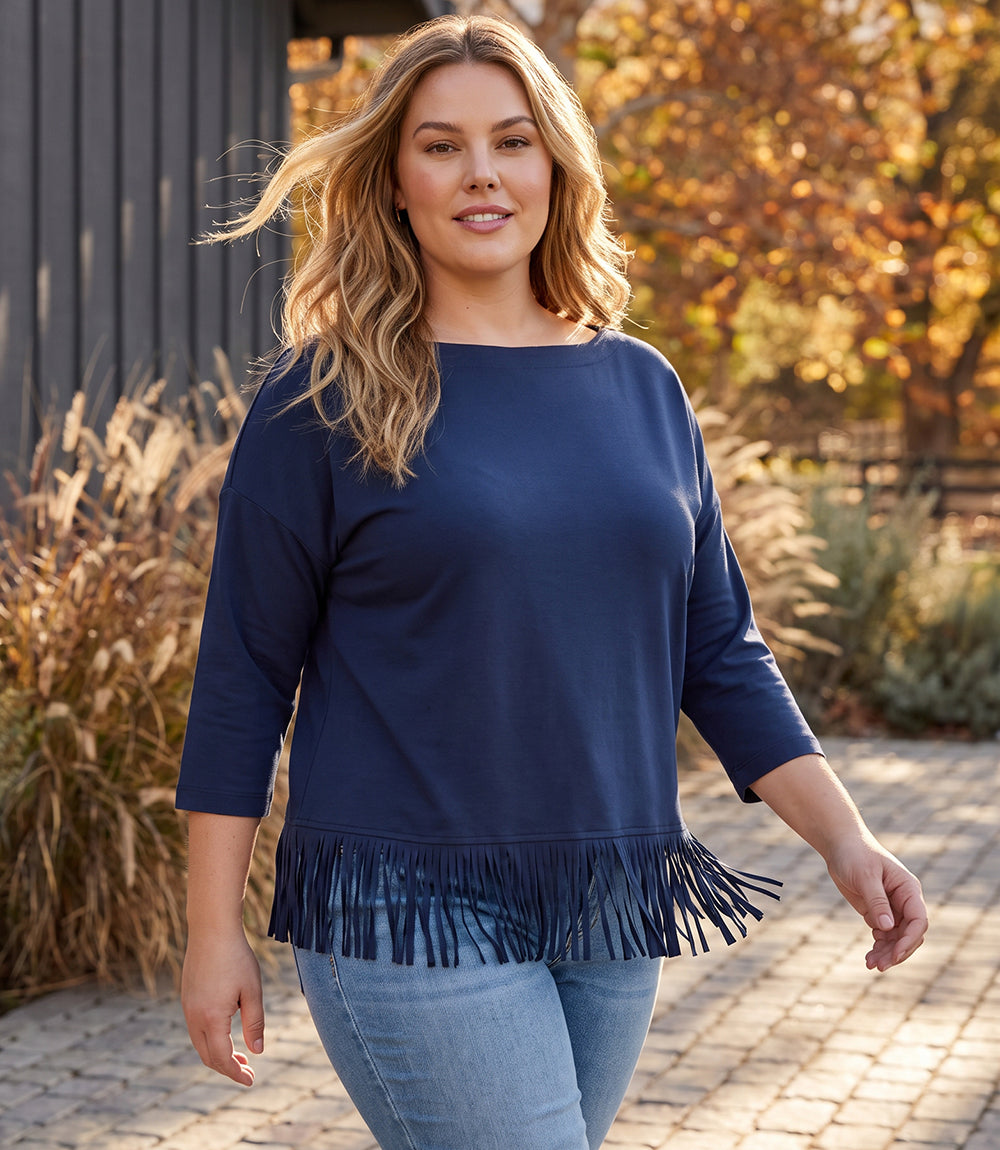 top Plus Size 3/4 Sleeve Fringe Boatneck Top