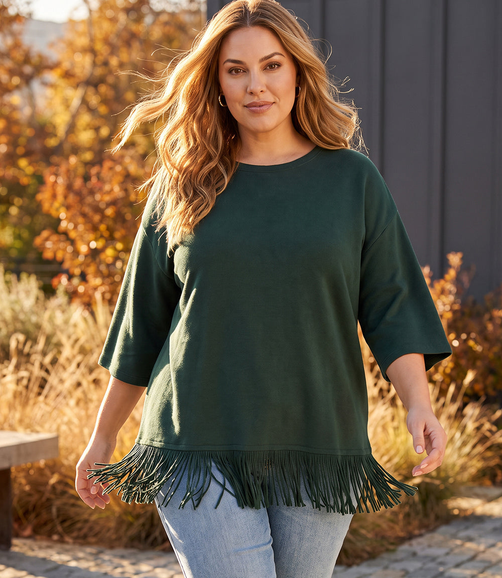 top Plus Size 3/4 Sleeve Fringe Boatneck Top