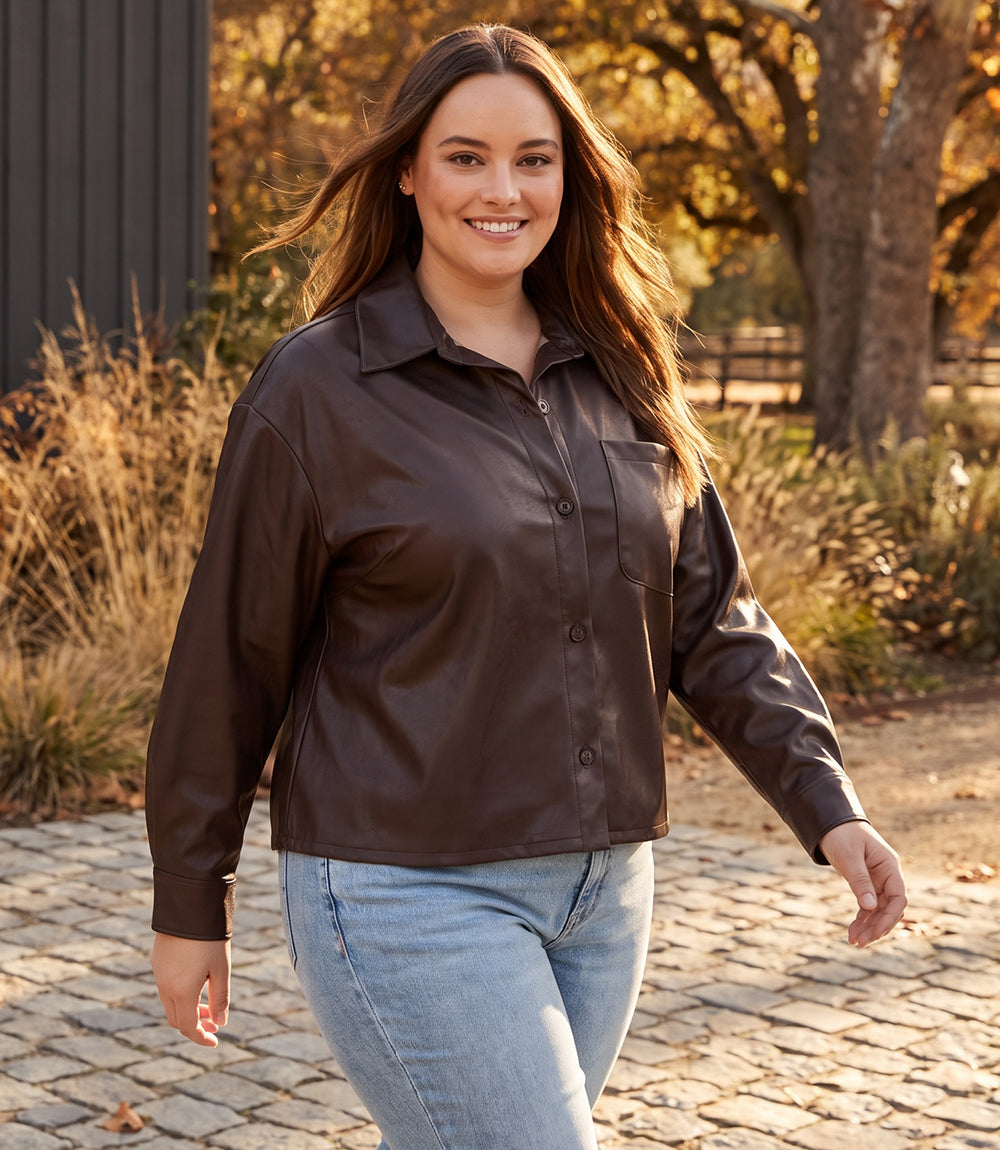 top Plus Size Faux Leather Long Sleeve Button-Up Shirt