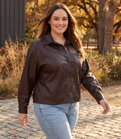 top Plus Size Faux Leather Long Sleeve Button-Up Shirt