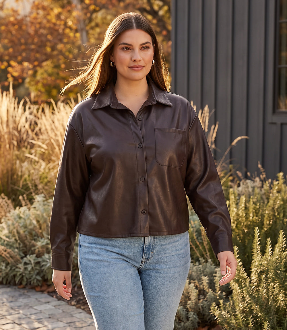 top Plus Size Faux Leather Long Sleeve Button-Up Shirt