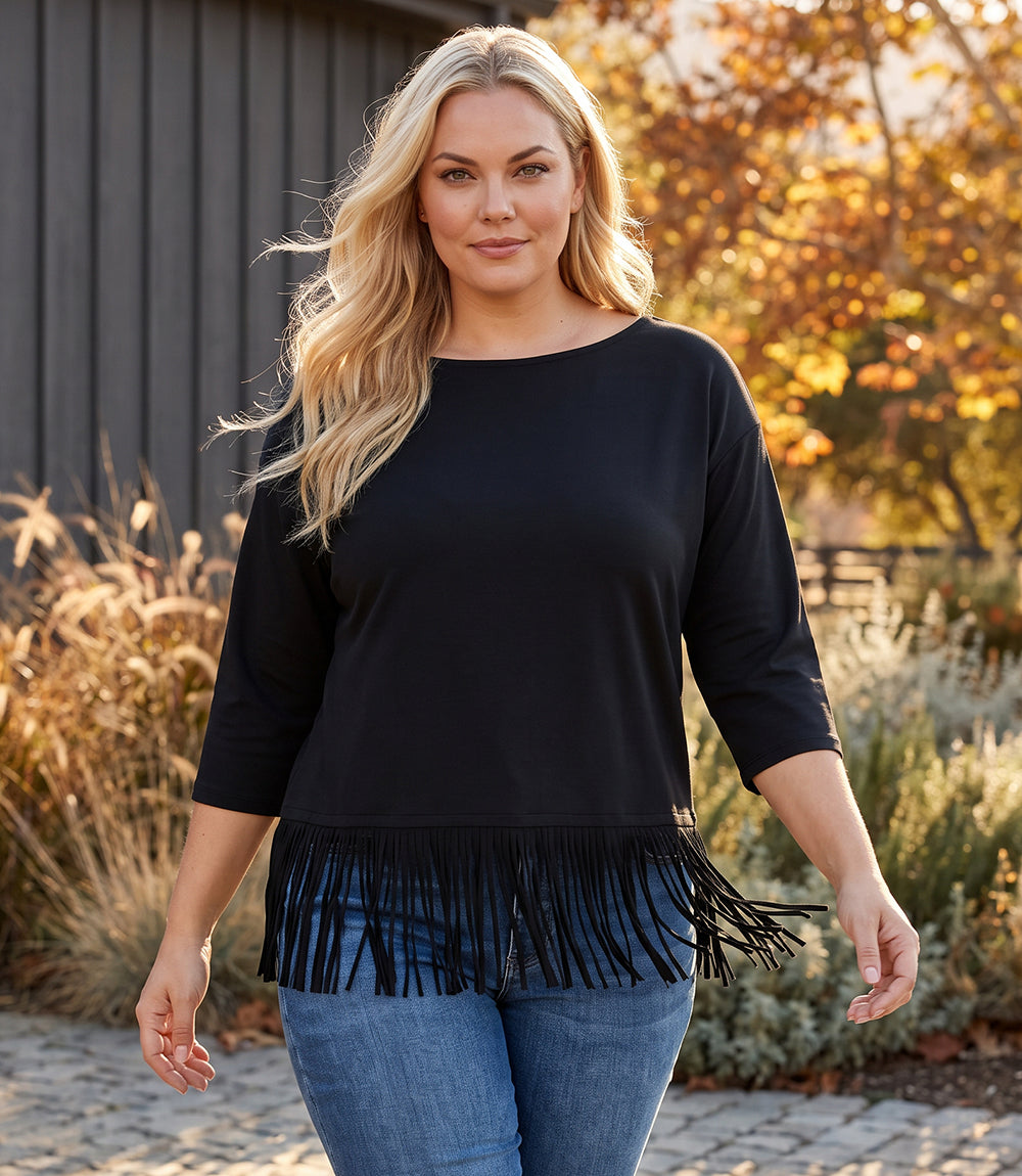 top Plus Size 3/4 Sleeve Fringe Boatneck Top