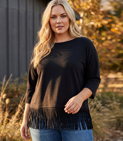 top Plus Size 3/4 Sleeve Fringe Boatneck Top