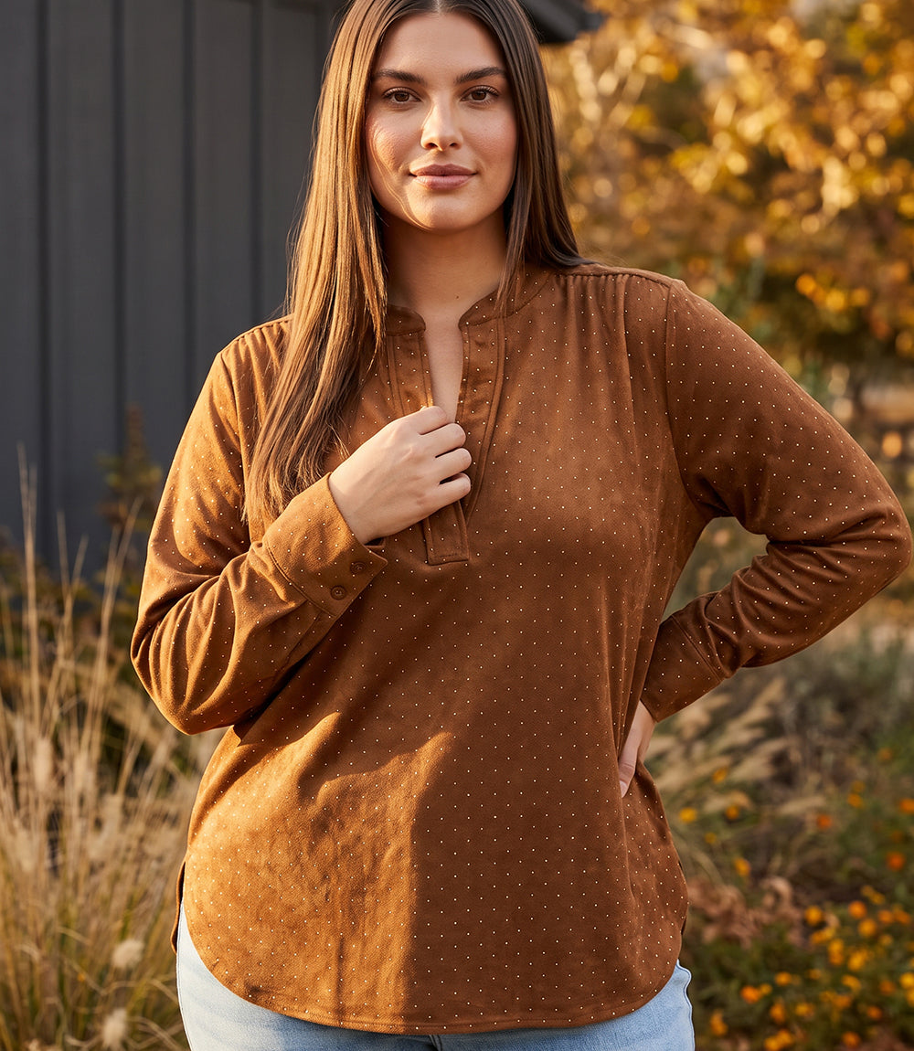 top Plus Size Faux Suede Embellished Half-Placket Shirt