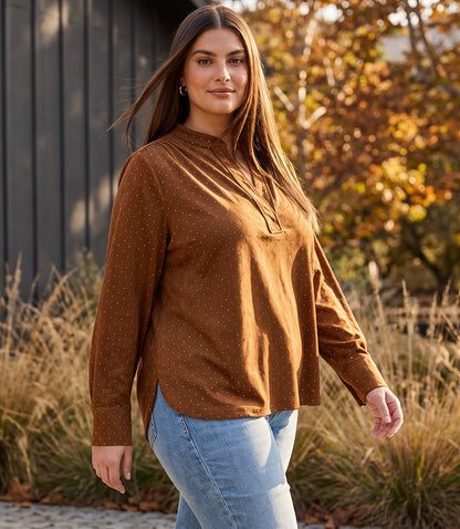 top Plus Size Faux Suede Embellished Half-Placket Shirt