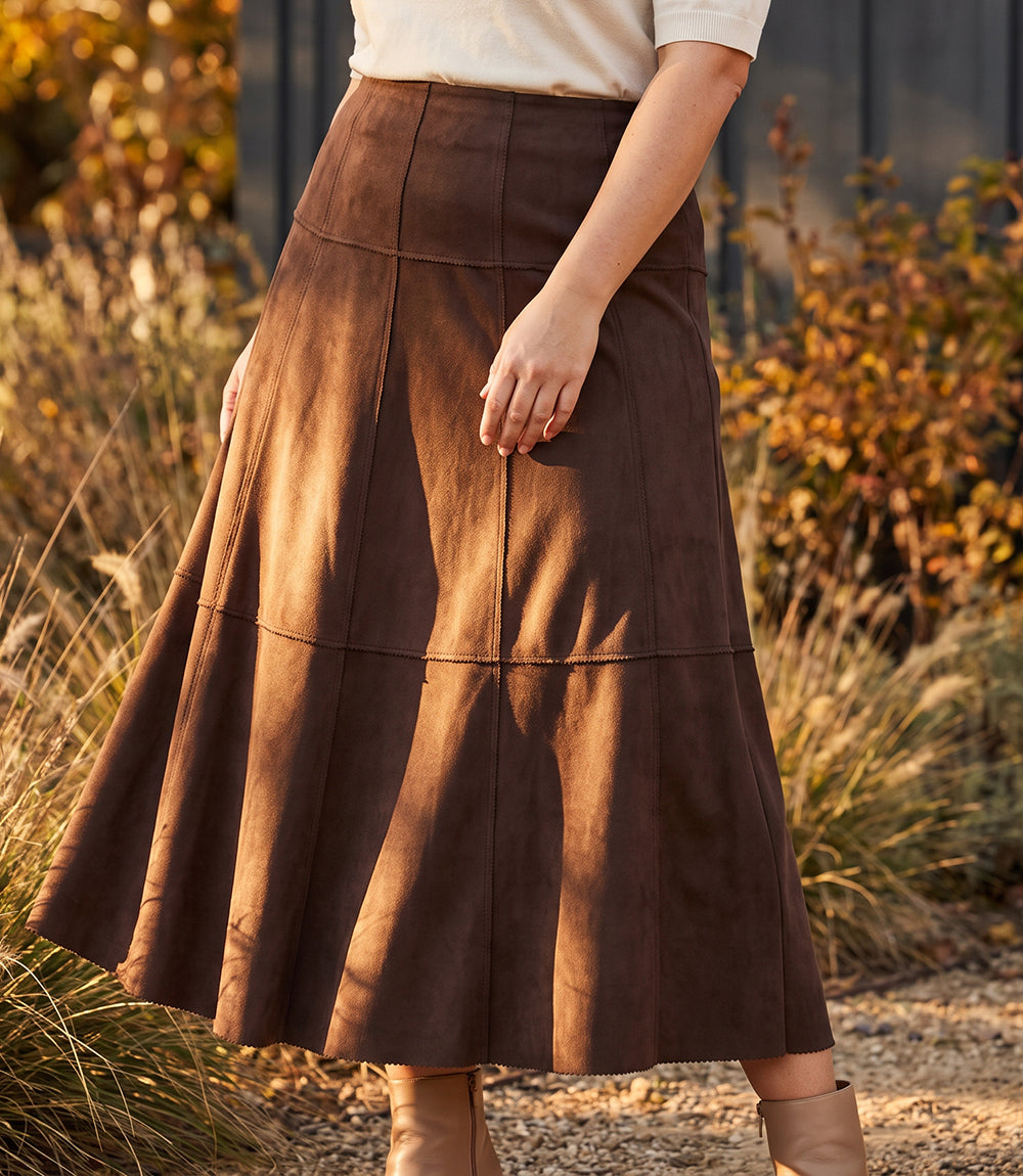 bottom Tiered Faux Suede Midi Skirt