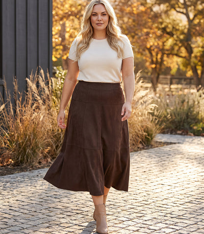 bottom Tiered Faux Suede Midi Skirt