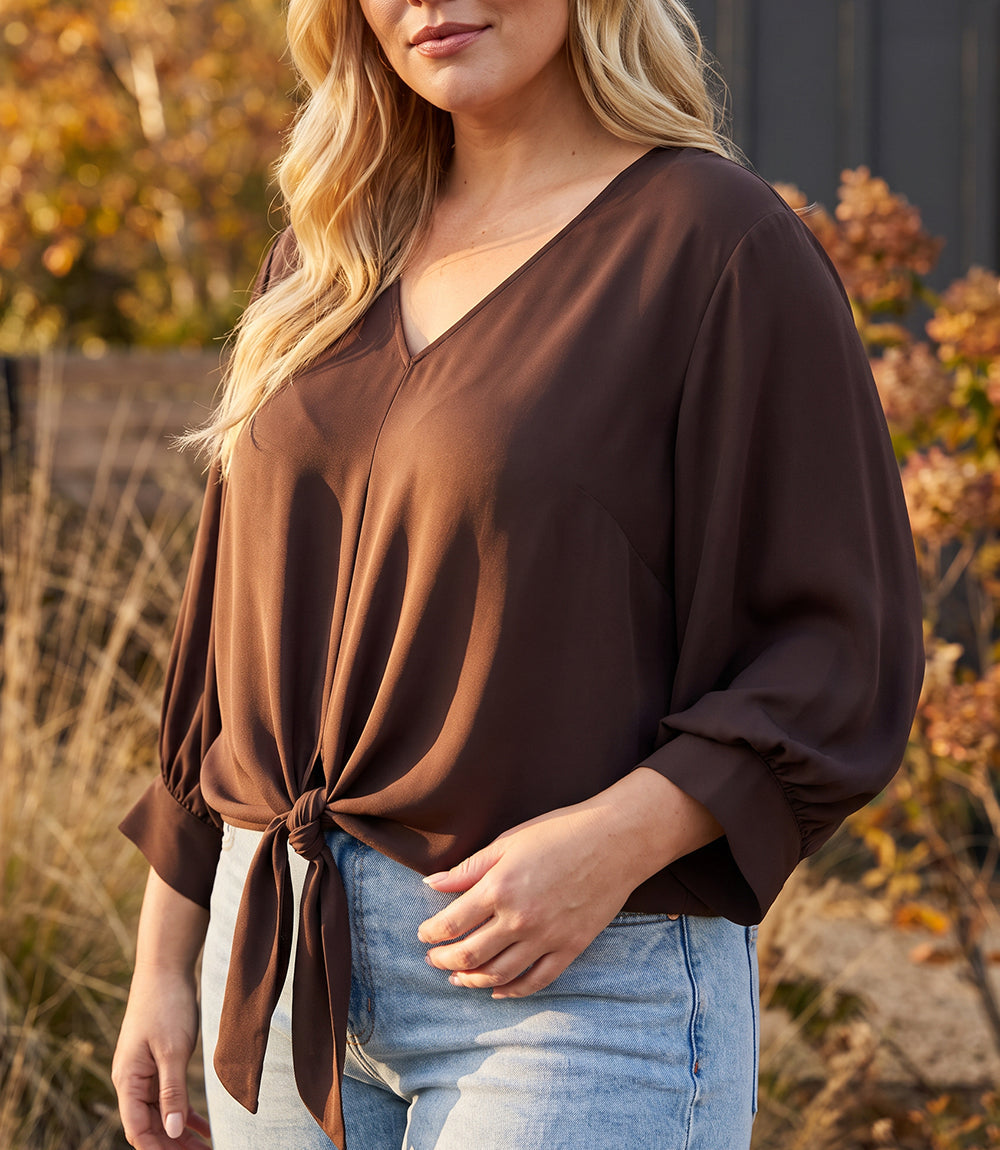 top Blouson Sleeve Tie-Front Top
