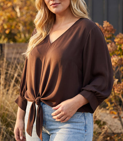 top Blouson Sleeve Tie-Front Top