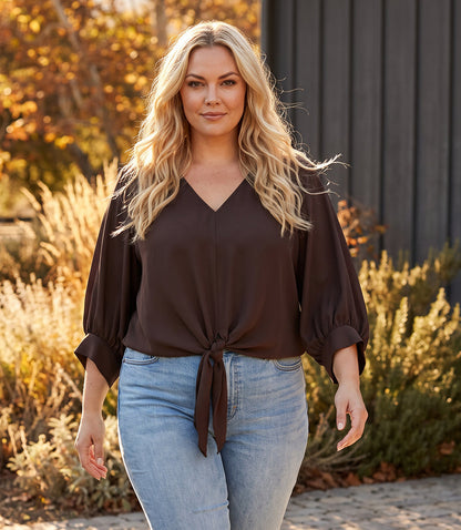 top Blouson Sleeve Tie-Front Top