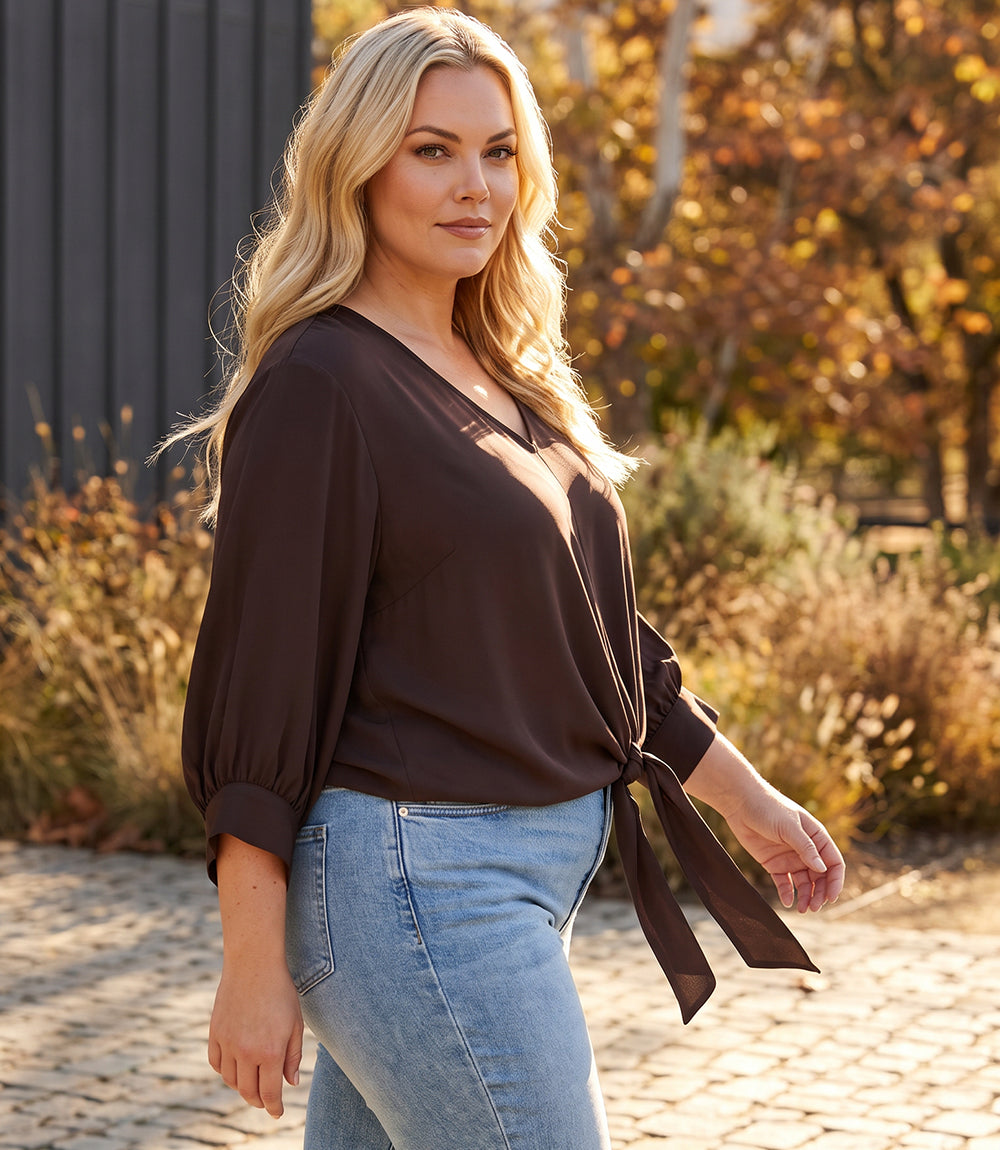 top Blouson Sleeve Tie-Front Top