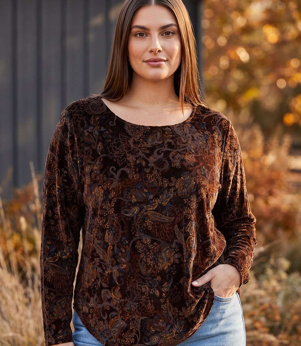 top Plus Size Long Sleeve Velvet Burnout Shirttail Top