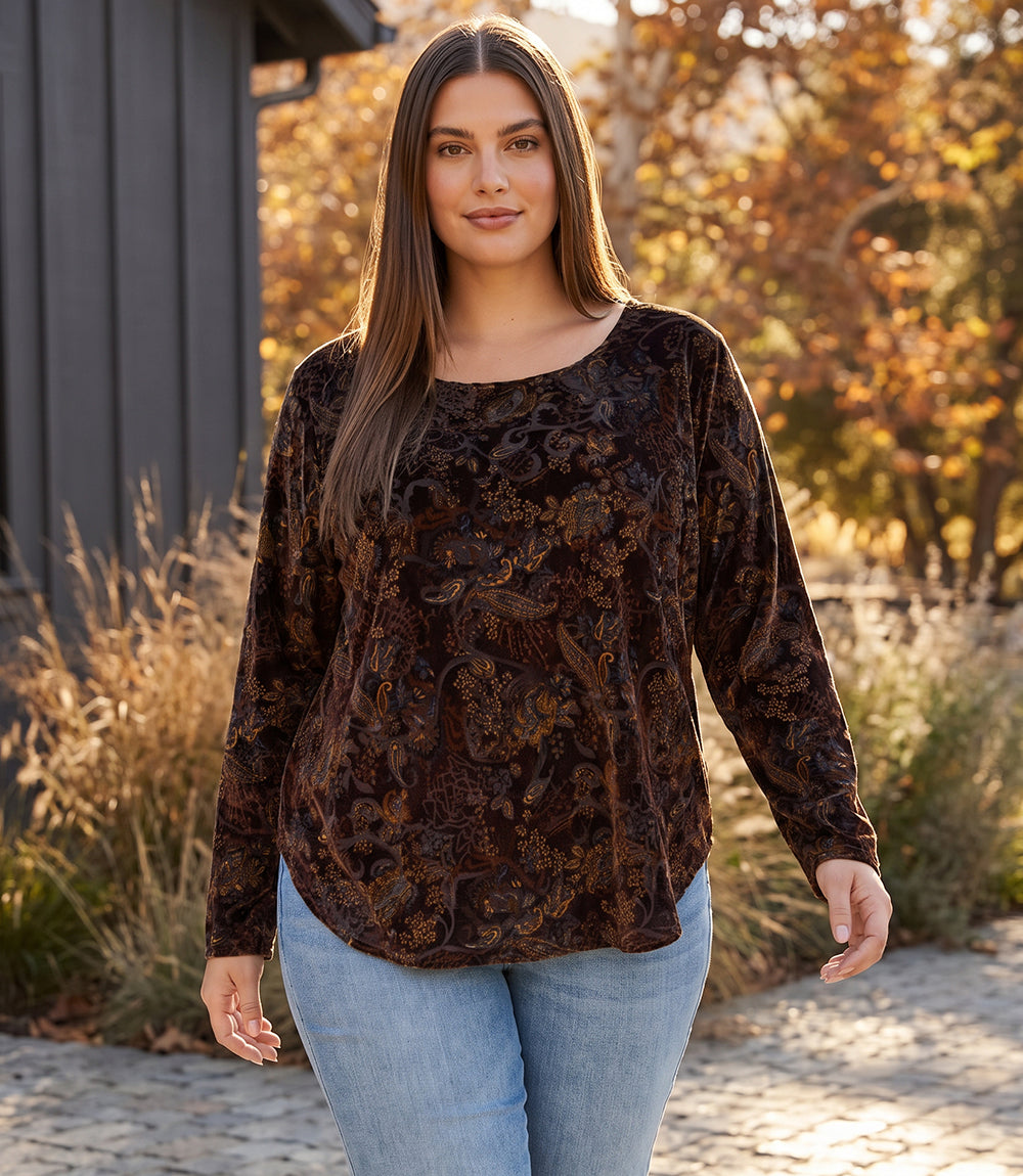 top Plus Size Long Sleeve Velvet Burnout Shirttail Top