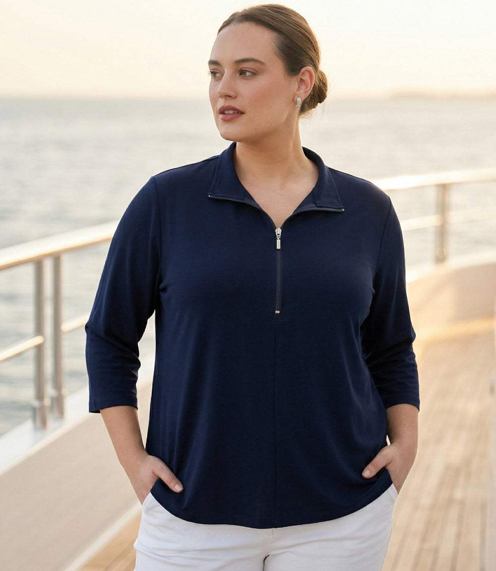 top Plus Size 3/4 Sleeve Zip-Up Travel Jersey Top