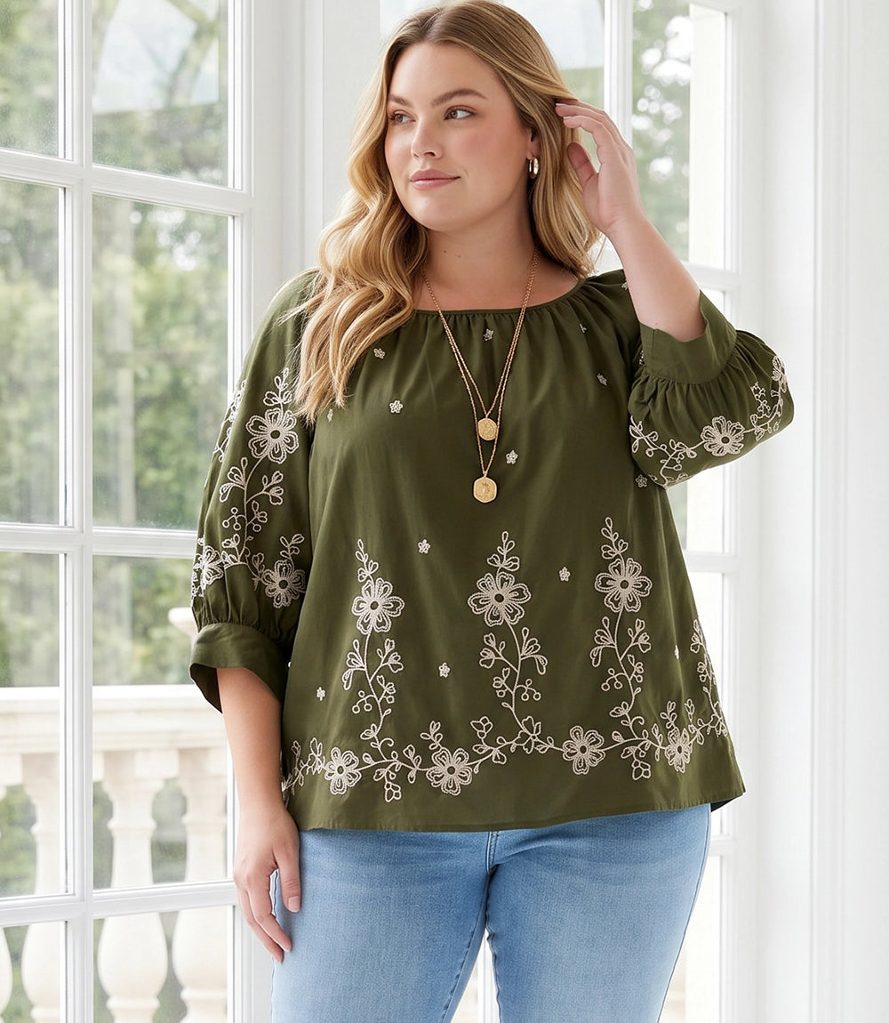 top Plus Size Embroidered Blouson Sleeve Top