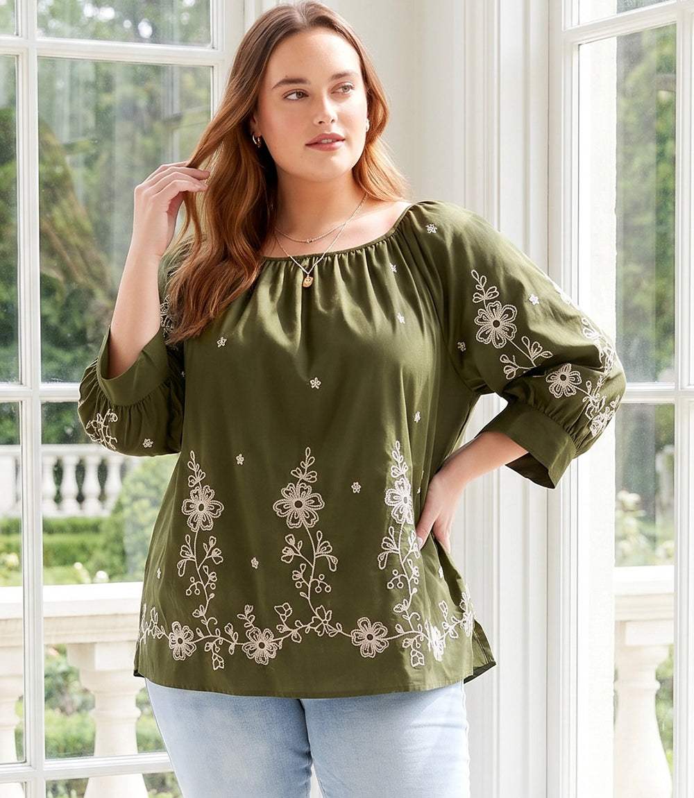 top Plus Size Embroidered Blouson Sleeve Top