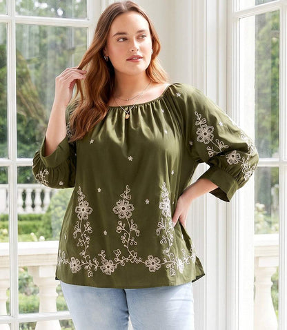 top Plus Size Embroidered Blouson Sleeve Top