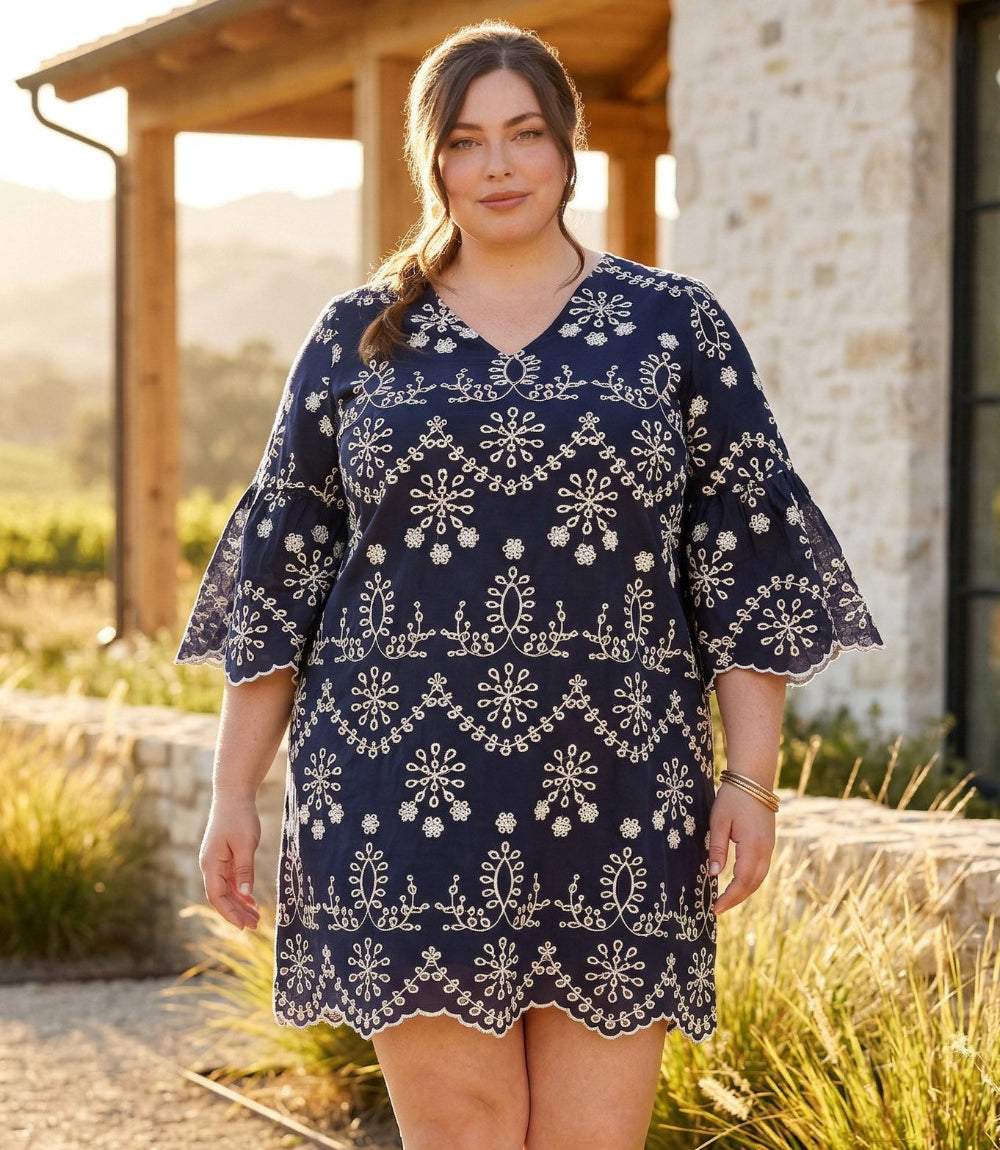 dress Plus Size Flare Sleeve Embroidered Dress