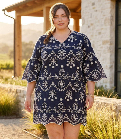 dress Plus Size Flare Sleeve Embroidered Dress