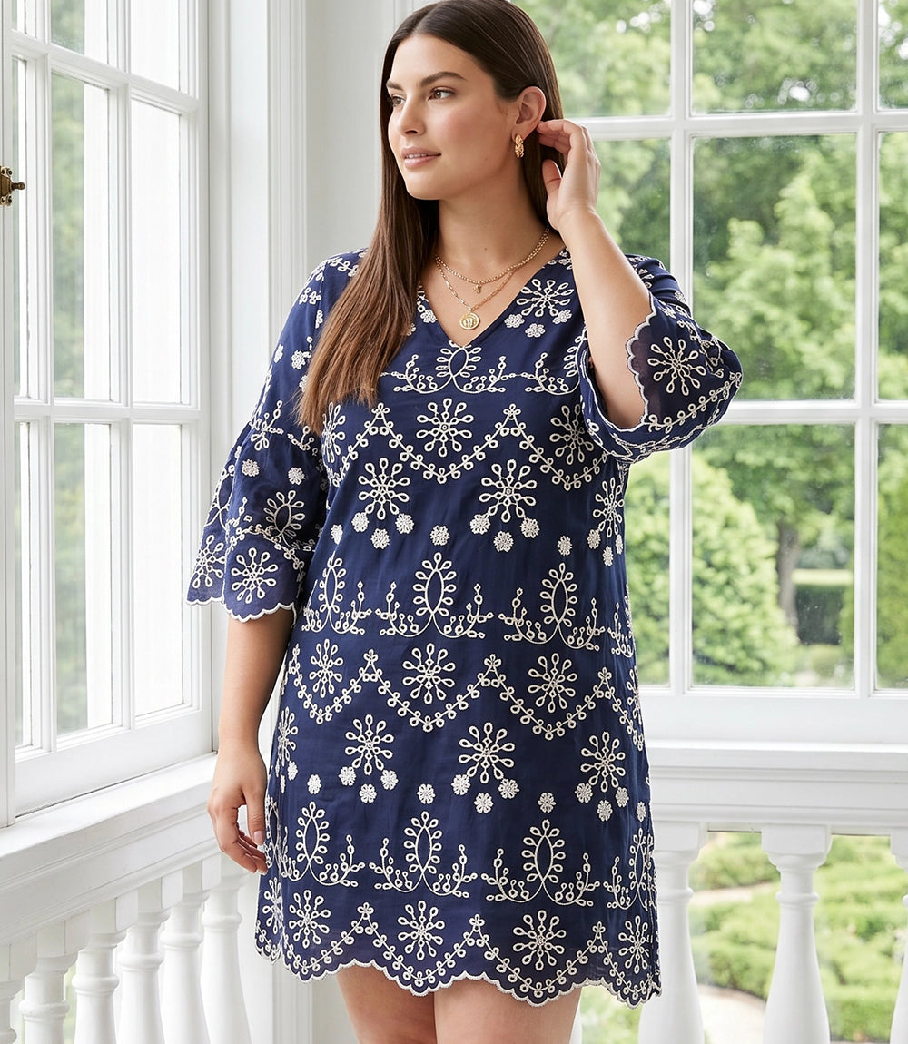 dress Plus Size Flare Sleeve Embroidered Dress