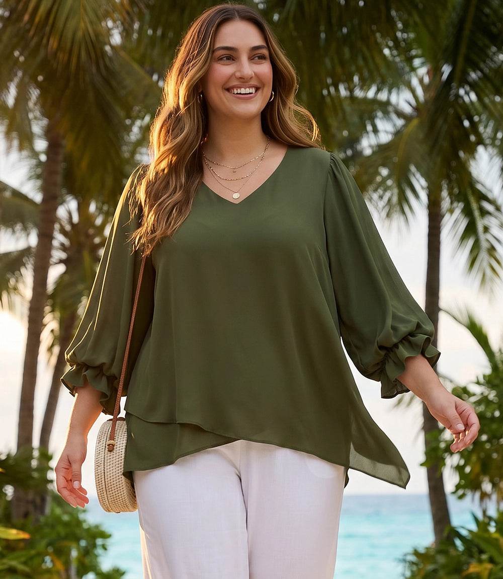 top Plus Size Layered Sleeve Asymmetric Top