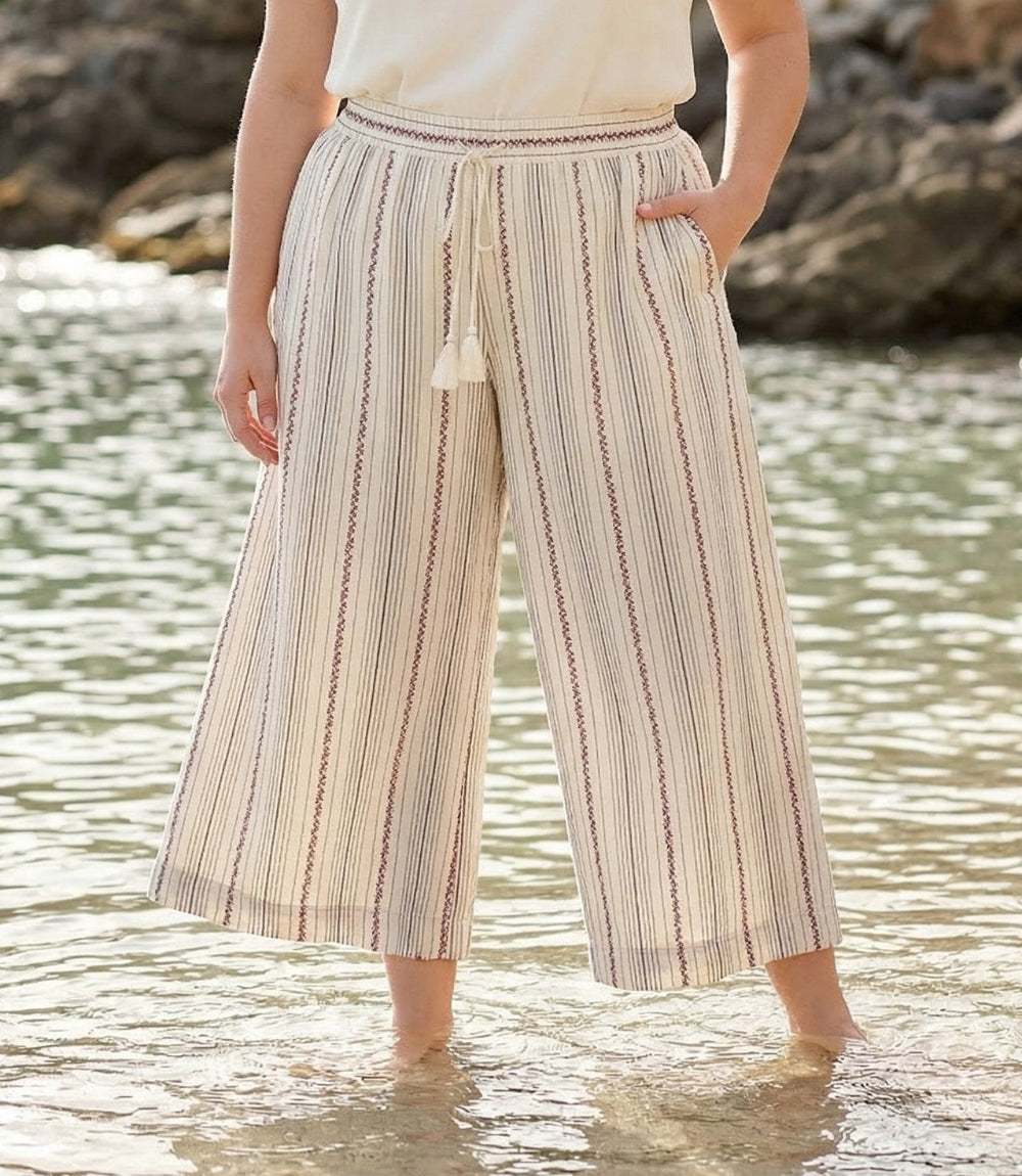 bottom Plus Size Stripe Embroidered Cropped Drawstring Pants